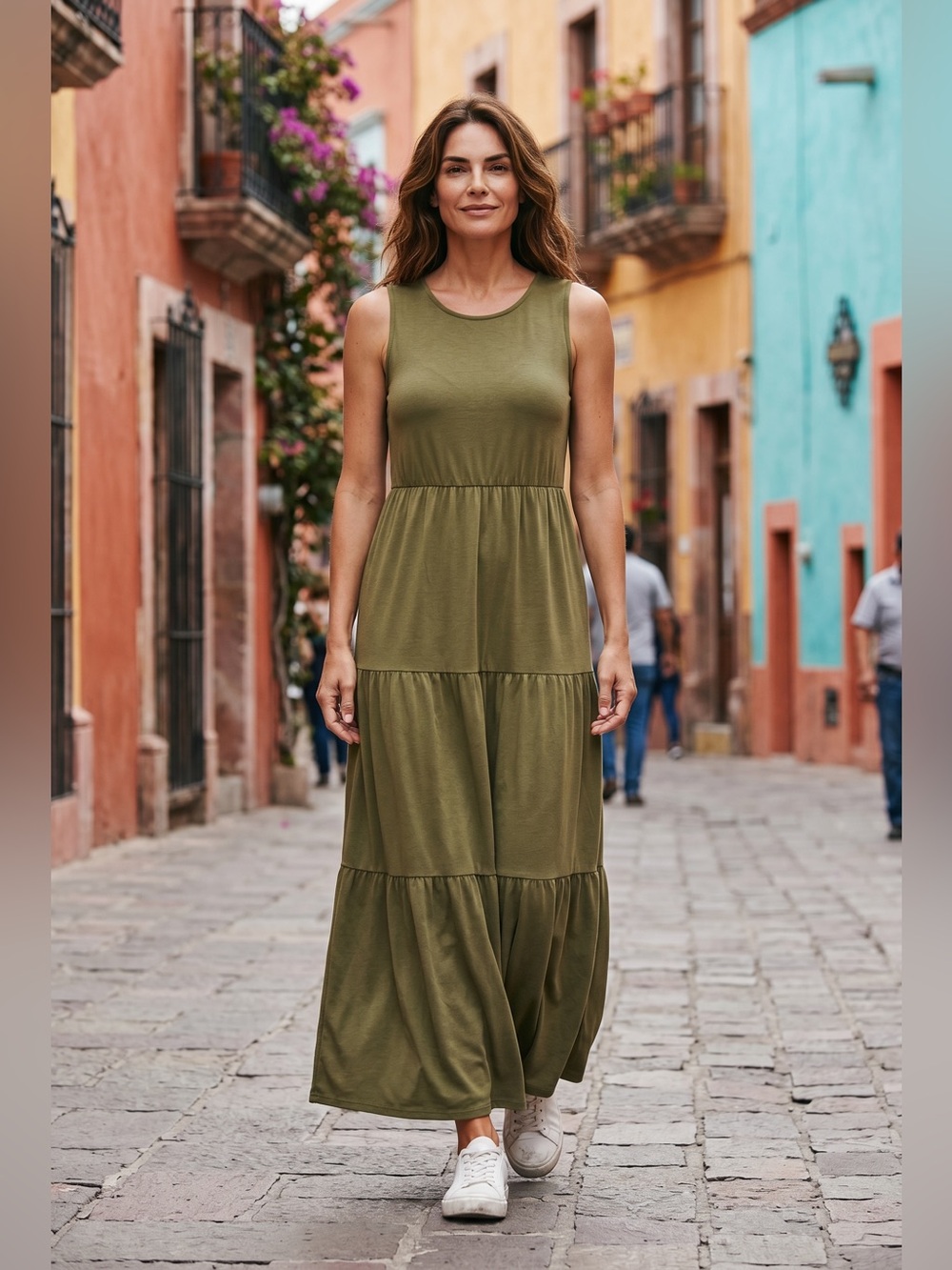Green Tiered Sleeveless Maxi Sundress
